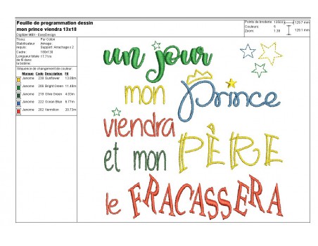 Motif de broderie machine  texte un jour mon prince viendra