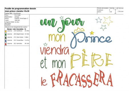 Motif de broderie machine  texte un jour mon prince viendra