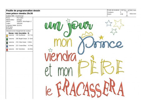 Motif de broderie machine  texte un jour mon prince viendra