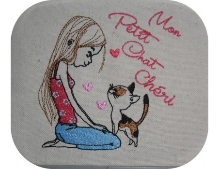 Motif de broderie machine fillette avec son chat