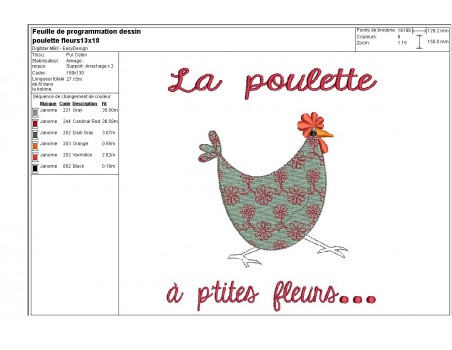 Motif de broderie machine poule à fleurs