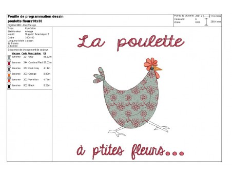 Motif de broderie machine poule à fleurs