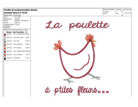 Motif de broderie machine poule à fleurs appliquée