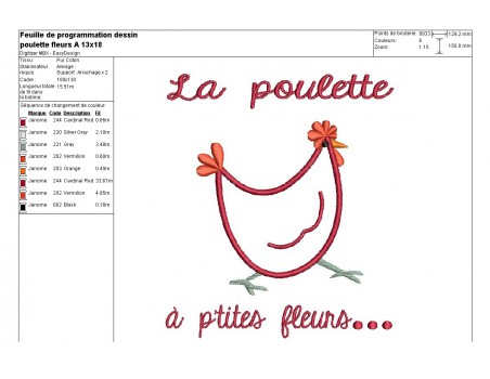 Motif de broderie machine poule à fleurs appliquée