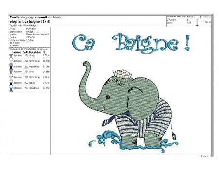 Motif de broderie machine  Eléphant baigneur