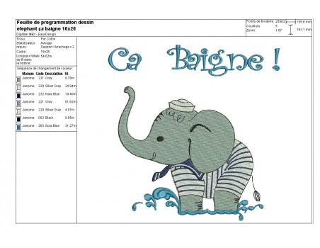 Motif de broderie machine  Eléphant baigneur