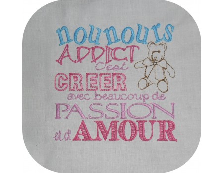 Motif de broderie machine texte nounours addict