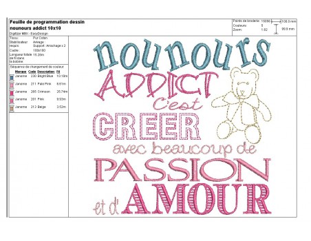 Motif de broderie machine texte nounours addict