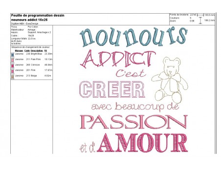 Motif de broderie machine texte nounours addict