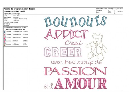 Motif de broderie machine texte nounours addict