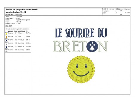 Motif de broderie machine le sourire du breton