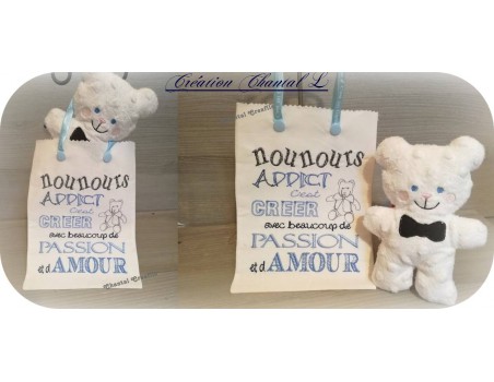 Motif de broderie machine texte nounours addict