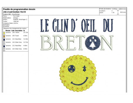 Motif de broderie machine le clin d'oeil du breton