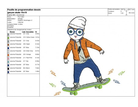 Motif de broderie machine garçon avec son skate