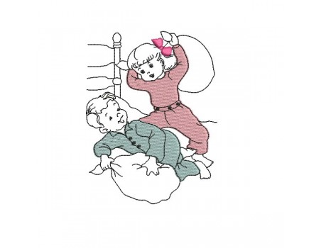 Motif de broderie machine enfants jouant à la bataille d'oreillers