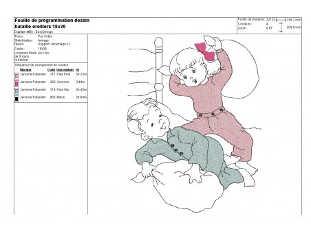 Motif de broderie machine enfants jouant à la bataille d'oreillers