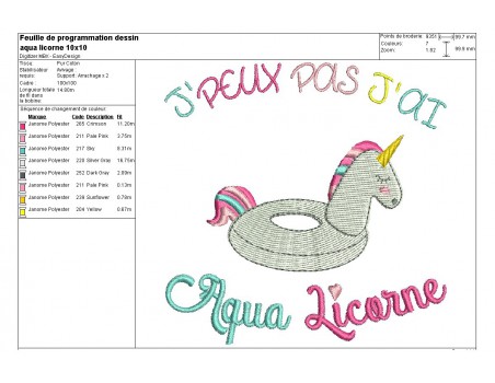 Motif de broderie machine  aqua licorne