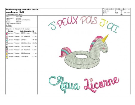 Motif de broderie machine  aqua licorne