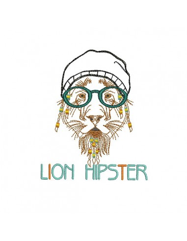 Motif de broderie machine Lion Hipster avec son bonnet en appliqué