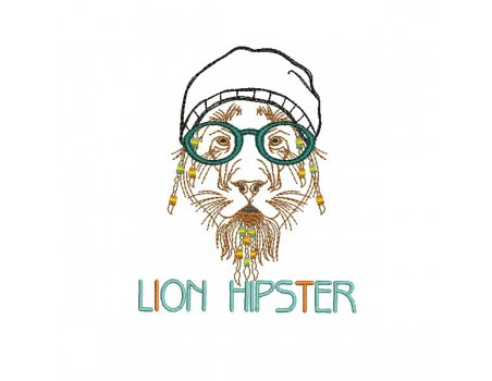 Motif de broderie machine Lion Hipster avec son bonnet en appliqué