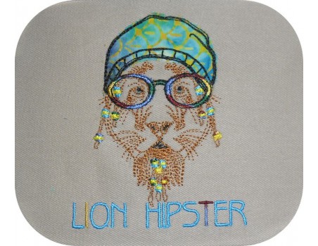 Motif de broderie machine Lion Hipster avec son bonnet en appliqué