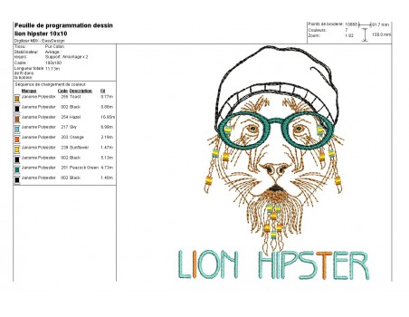 Motif de broderie machine Lion Hipster avec son bonnet en appliqué