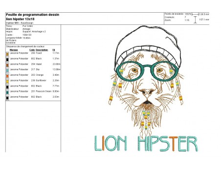 Motif de broderie machine Lion Hipster avec son bonnet en appliqué