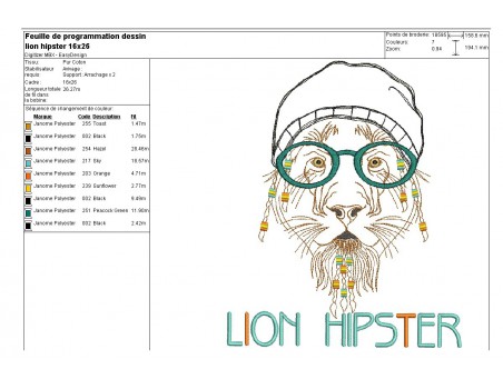 Motif de broderie machine Lion Hipster avec son bonnet en appliqué