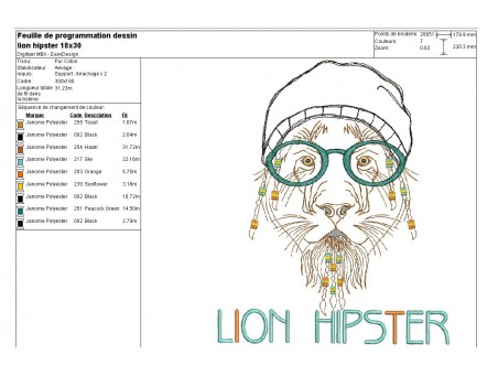 Motif de broderie machine Lion Hipster avec son bonnet en appliqué