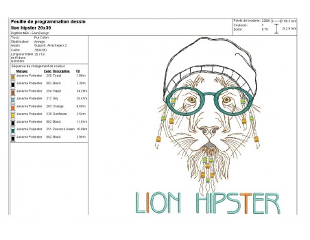 Motif de broderie machine Lion Hipster avec son bonnet en appliqué