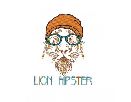 Motif de broderie machine Lion Hipster avec son bonnet