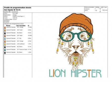 Motif de broderie machine Lion Hipster avec son bonnet