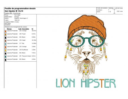 Motif de broderie machine Lion Hipster avec son bonnet