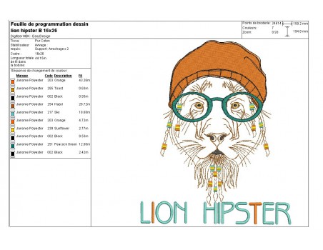 Motif de broderie machine Lion Hipster avec son bonnet