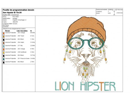 Motif de broderie machine Lion Hipster avec son bonnet