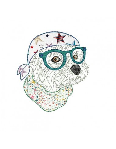 Motif de broderie machine appliqué bichon maltais à lunettes