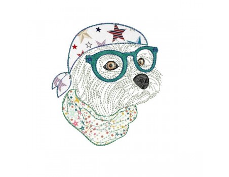 Motif de broderie machine appliqué bichon maltais à lunettes