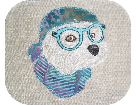 Motif de broderie machine appliqué bichon maltais à lunettes