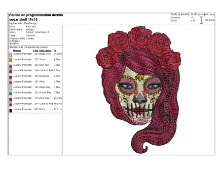 Motif de broderie machine femme sugar skull