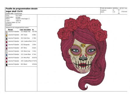 Motif de broderie machine femme sugar skull