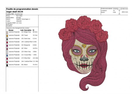 Motif de broderie machine femme sugar skull