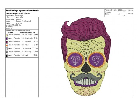 Motif de broderie machine homme sugar skull