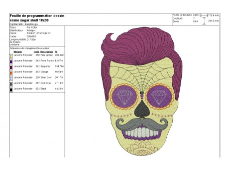 Motif de broderie machine homme sugar skull