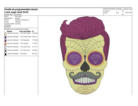 Motif de broderie machine homme sugar skull