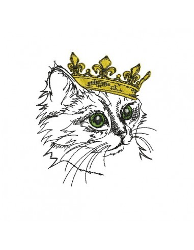 Motif de broderie machine chat avec sa couronne