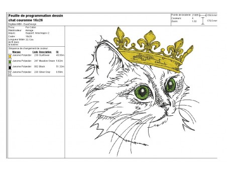 Motif de broderie machine chat avec sa couronne