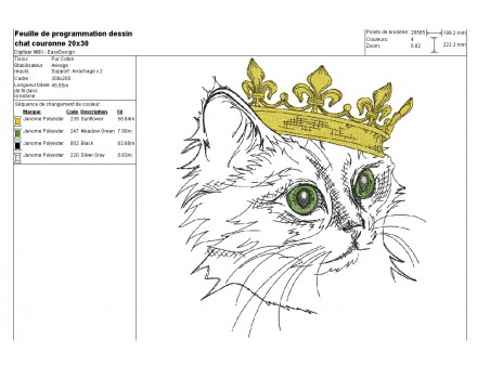 Motif de broderie machine chat avec sa couronne