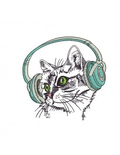 Motif de broderie machine chat avec ses écouteurs