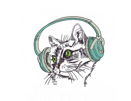 Motif de broderie machine chat avec ses écouteurs