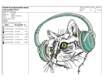 Motif de broderie machine chat avec ses écouteurs